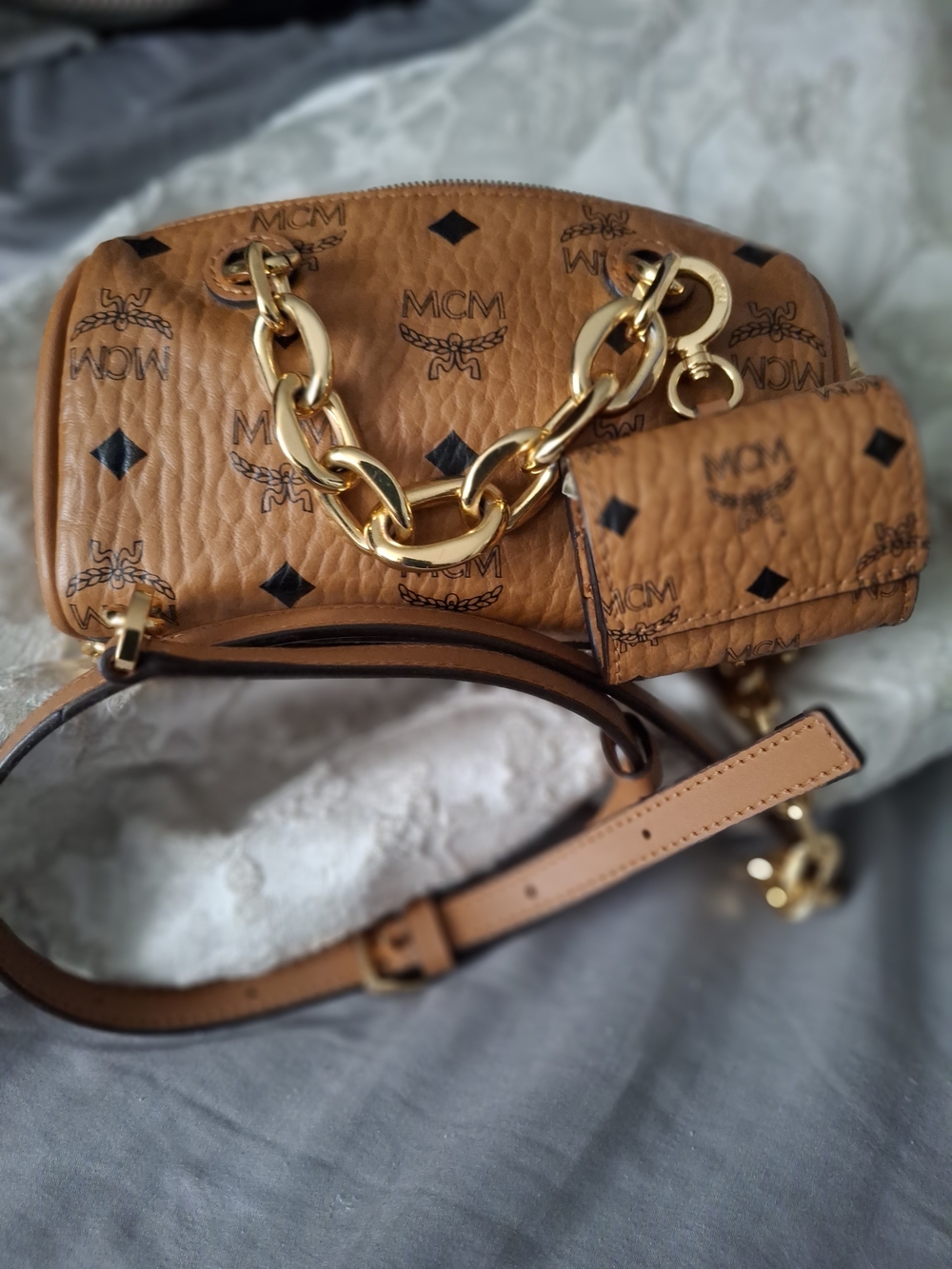 MCM Cognac Visetos Leather Chain Shoulder Bag, Small Coin Purse Attached - Picture 2 of 10